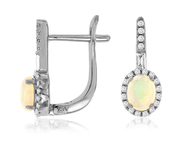 Oval Opal and Diamond Halo Omega Back Earrings