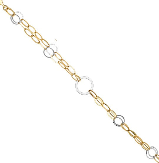 Open Circle and Double Chain Design Bracelet - 14kt Two Tone Gold