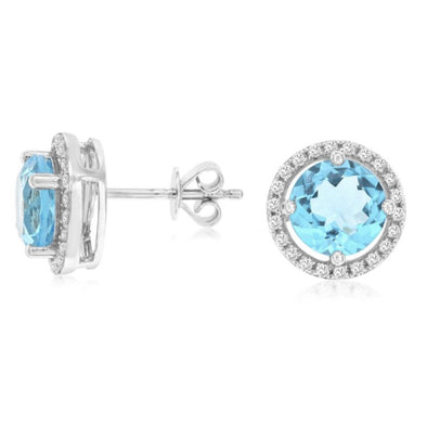 Round Blue Topaz and Diamond Halo Stud Earrings