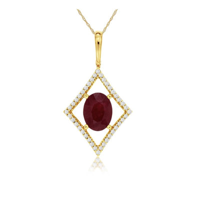 Oval Ruby and Geometric Diamond Halo Pendant