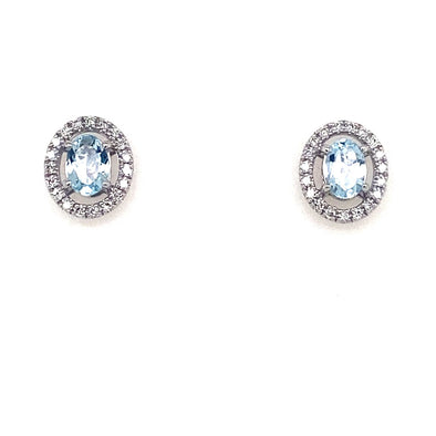 Oval Aquamarine and Diamond Halo Stud Earrings