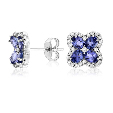 Tanzanite and Diamond Halo Flower Design Stud Earrings