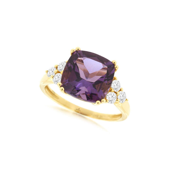 Cushion Amethyst and Triple Diamond Accented Ring