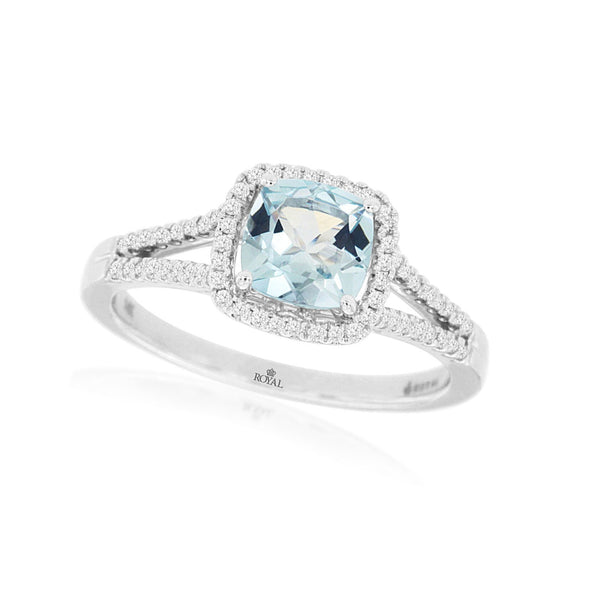 Cushion Aquamarine and Diamond Halo Design Ring