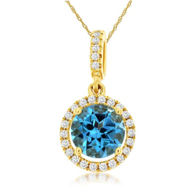 Round Blue Topaz and Diamond Halo Pendant