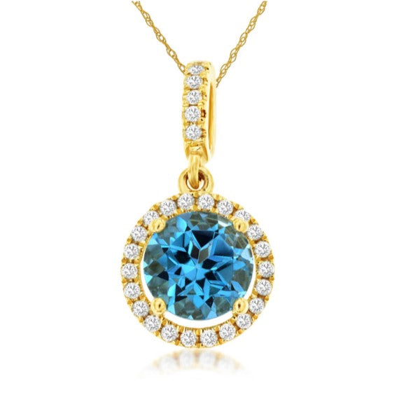 Round Blue Topaz and Diamond Halo Pendant