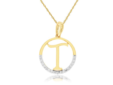 Diamond Accented "T" Initial Open Circle Pendant