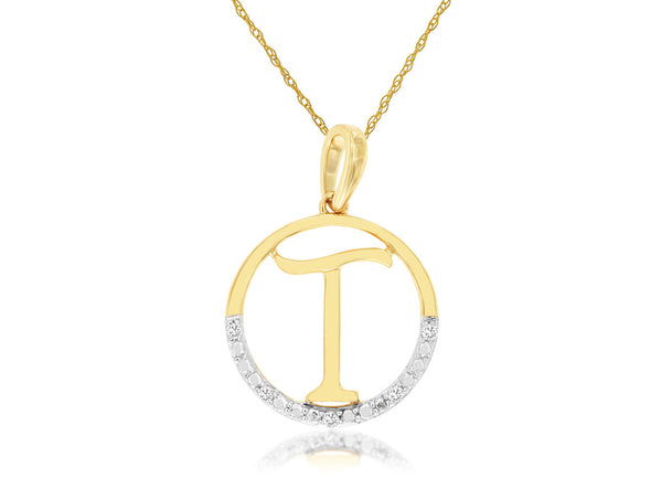 Diamond Accented "T" Initial Open Circle Pendant