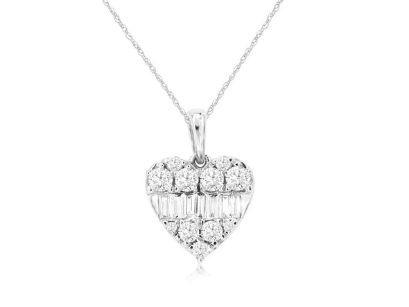 Baguette and Round Diamond Heart Pendant