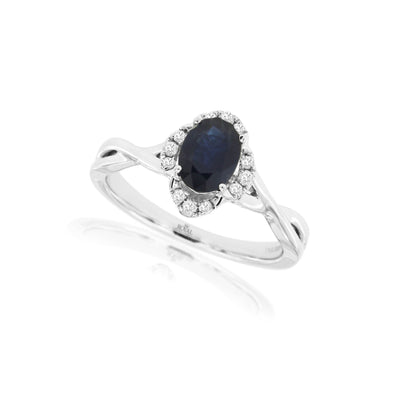 Oval Sapphire and Tapered Diamond Halo Ring