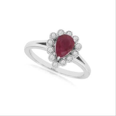 Pear Ruby and Diamond Halo Ring