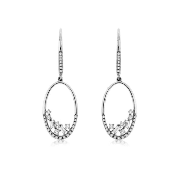 Baguette and Round Diamond Accented Oval Dangle Earrings