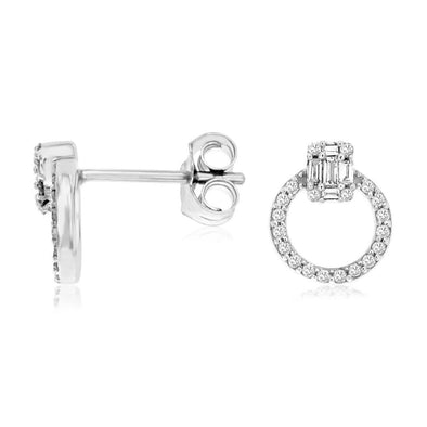 Round and Baguette Diamond Open Circle Design Drop Earrings