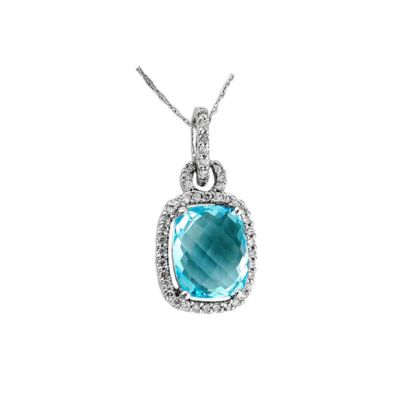 Checkerboard Design Blue Topaz and Diamond Halo Pendant