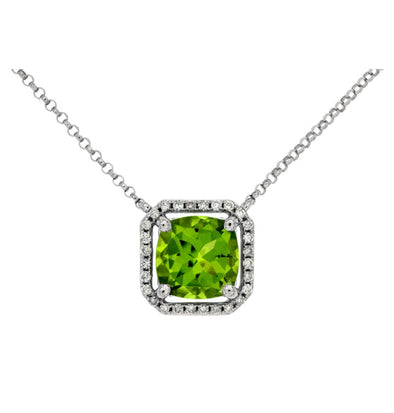 Cushion Peridot and Diamond Halo Pendant
