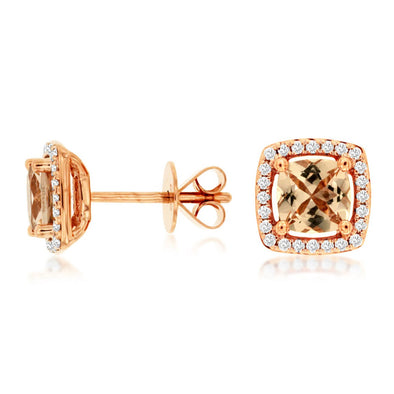 Cushion Morganite and Diamond Halo Stud Earrings