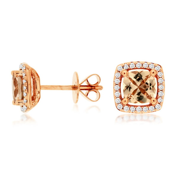 Cushion Morganite and Diamond Halo Stud Earrings