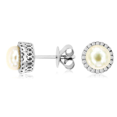 Round Pearl and Diamond Halo Stud Earrings
