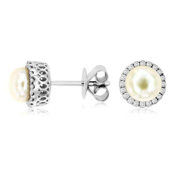 Round Pearl and Diamond Halo Stud Earrings