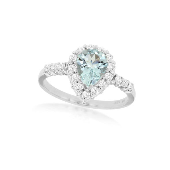 Pear Shaped Aquamarine and Diamond Halo Ring