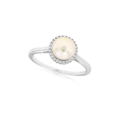 Round Pearl and Diamond Halo Ring