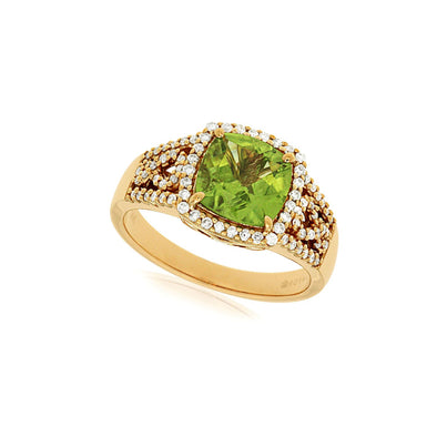 Vintage Style Cushion Peridot and Diamond Scroll Design Ring