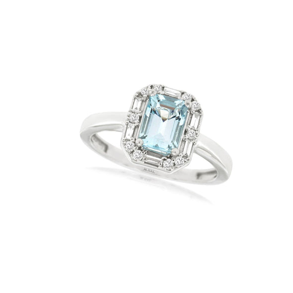 Emerald Aquamarine and Baguette and Round Diamond Halo Ring