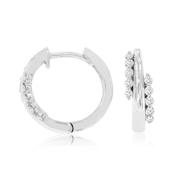 Diamond Accented Three Row Design Hoop Earrings