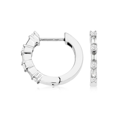 Alternating Baguette and Round Diamond Huggie Earrings
