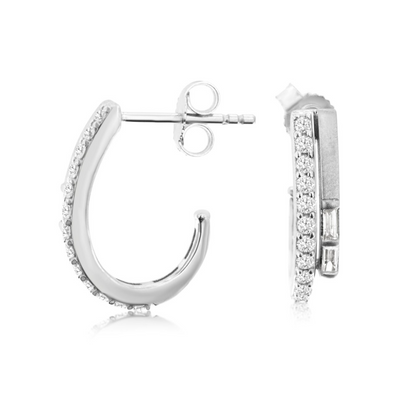 Baguette and Round Diamond Half Hoop Earrings