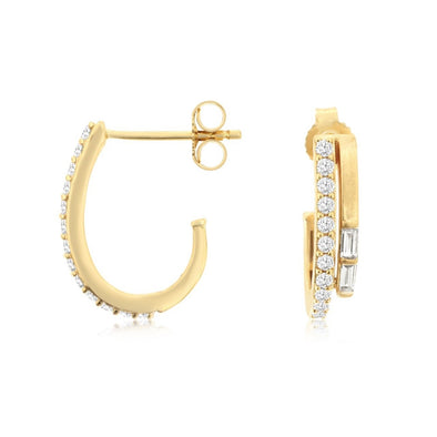 Round and Baguette Diamond Half Hoop Earrings