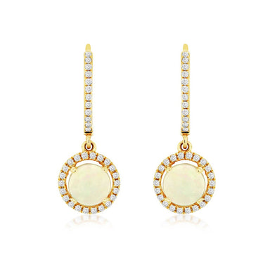 Round Opal and Diamond Halo Dangle Earrings