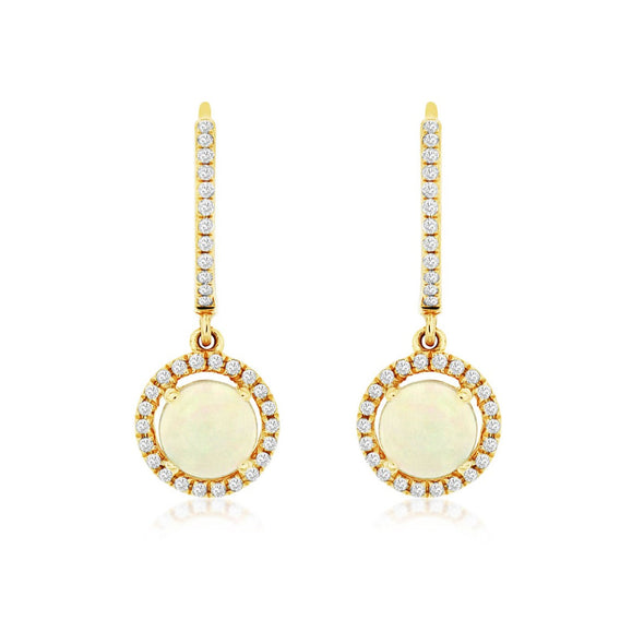 Round Opal and Diamond Halo Dangle Earrings