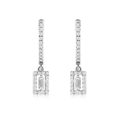 Baguette and Round Diamond Halo Dangle Earrings