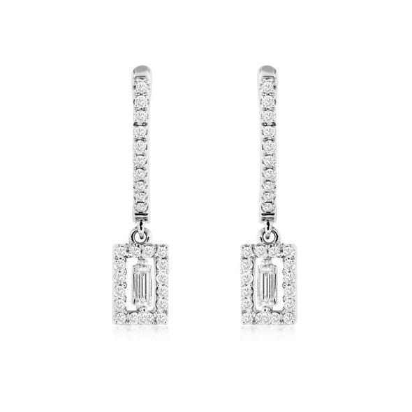 Baguette and Round Diamond Halo Dangle Earrings