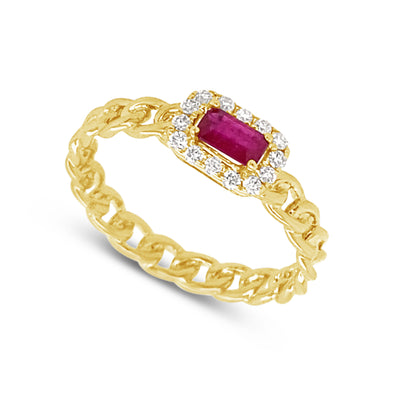 Baguette Ruby and Diamond Halo Link Design Ring