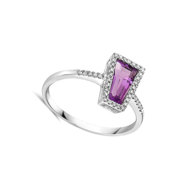 Geometric Amethyst and Diamond Halo Ring