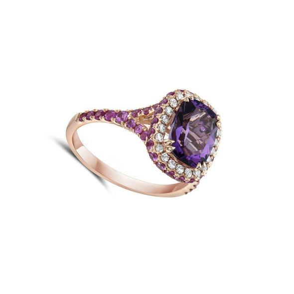 Amethyst and Pink Sapphire and Diamond Halo Ring
