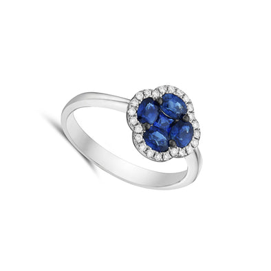 Sapphire Flower Cluster and Diamond Halo Ring