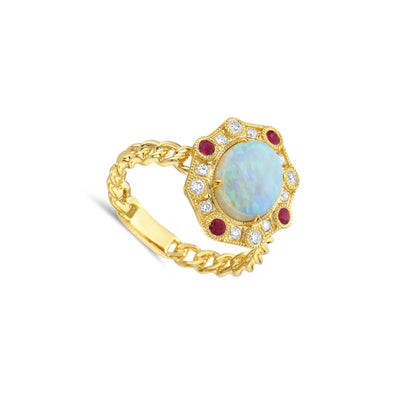 Vintage Style Opal, Ruby and Diamond Accented Ring