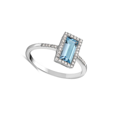 Baguette Blue Topaz and Diamond Halo Ring