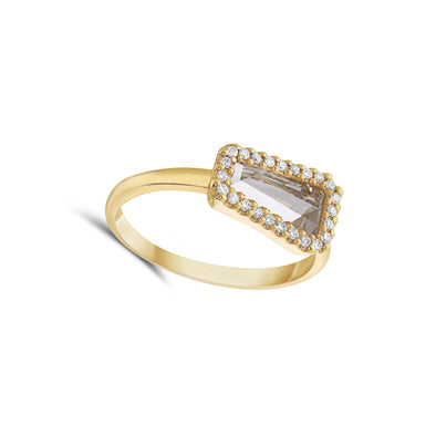 Geometric White Quartz and Diamond Halo Ring