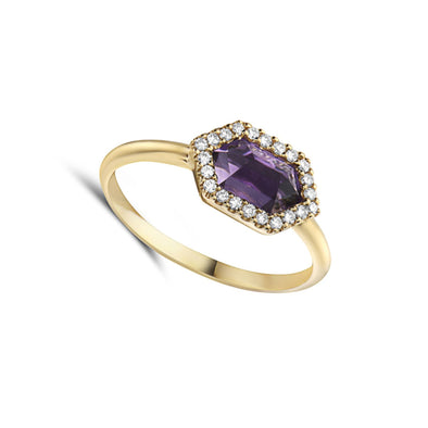 Hexagon Shaped Amethyst and Diamond Halo Ring