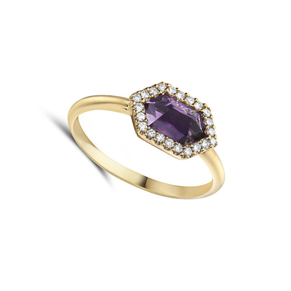 Hexagon Shaped Amethyst and Diamond Halo Ring