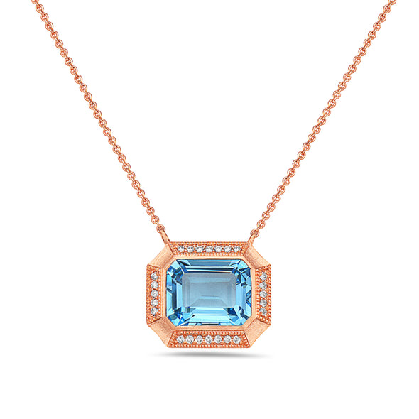 Emerald Cut Blue Topaz and Diamond Accented Halo Pendant
