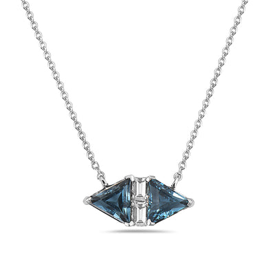 Double Triangle Blue Topaz and Baguette Diamond Accented Pendant