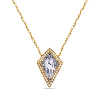 Kite Shaped White Quartz and Diamond Halo Pendant