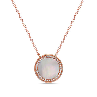 Pink Mother of Pearl and Diamond Halo Disc Style Pendant