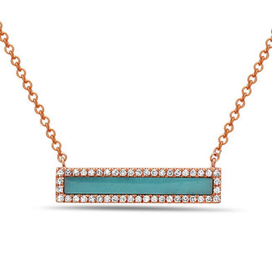 Turquoise and Diamond Halo Horizontal Bar Design Necklace
