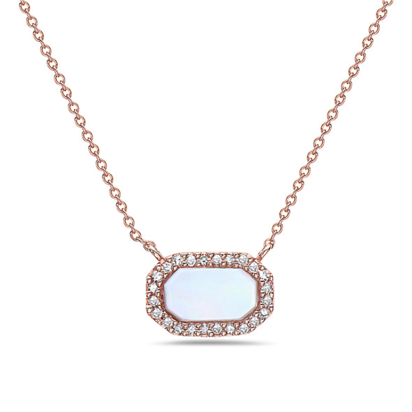 Octagon Shaped Mother of Pearl and Diamond Halo Necklace